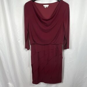London Times Size 16 Sheath Dress Long Sleeve Layered Knit Burgundy Knee Length